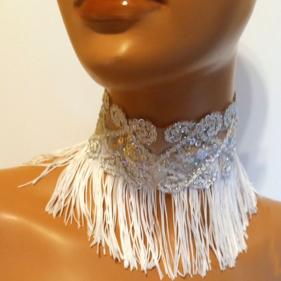 Silver Sequins & White Tassel Choker, Silver And White Necklace - Picture 2 of 3